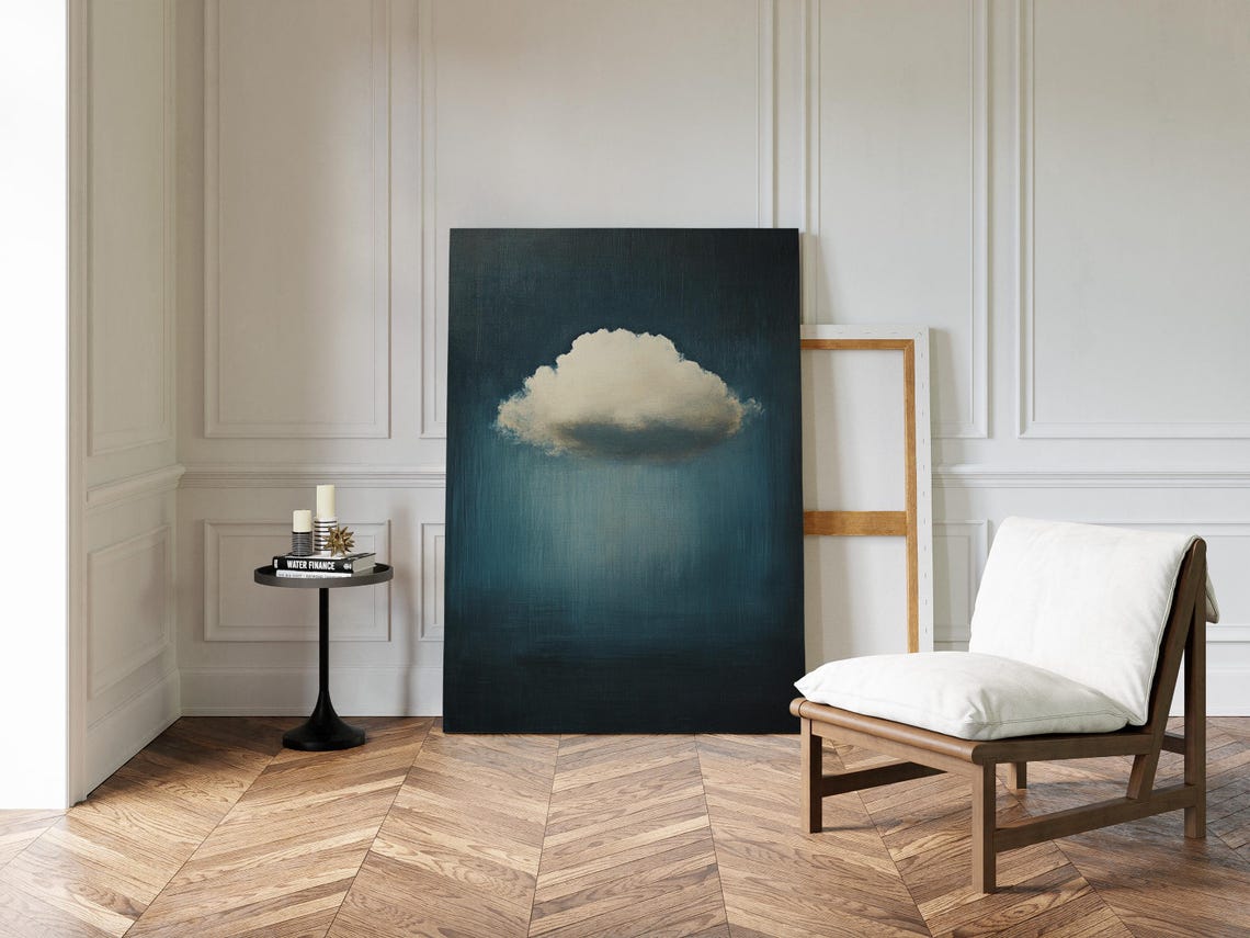Minimalist Cloud Painting Abstract Sky Wall Art Moody Blue Rain Print Atmospheric Dreamy Decor Surreal Cloudscape Artwork - Image 2
