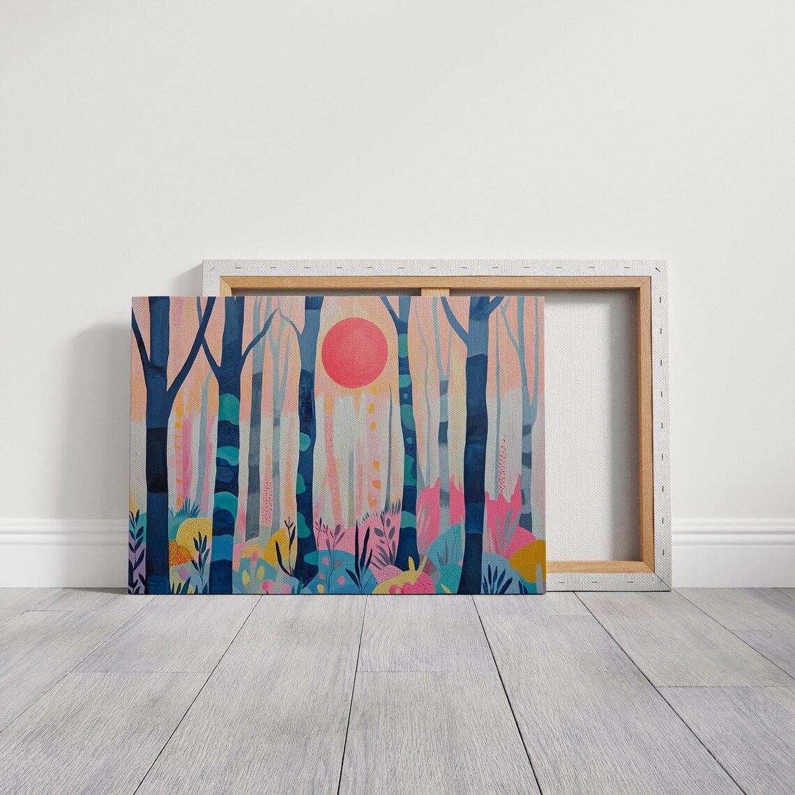 Whimsical Forest Landscape With Pink Sun Abstract Nature Painting Style Prints In Pastel Shades - Image 5