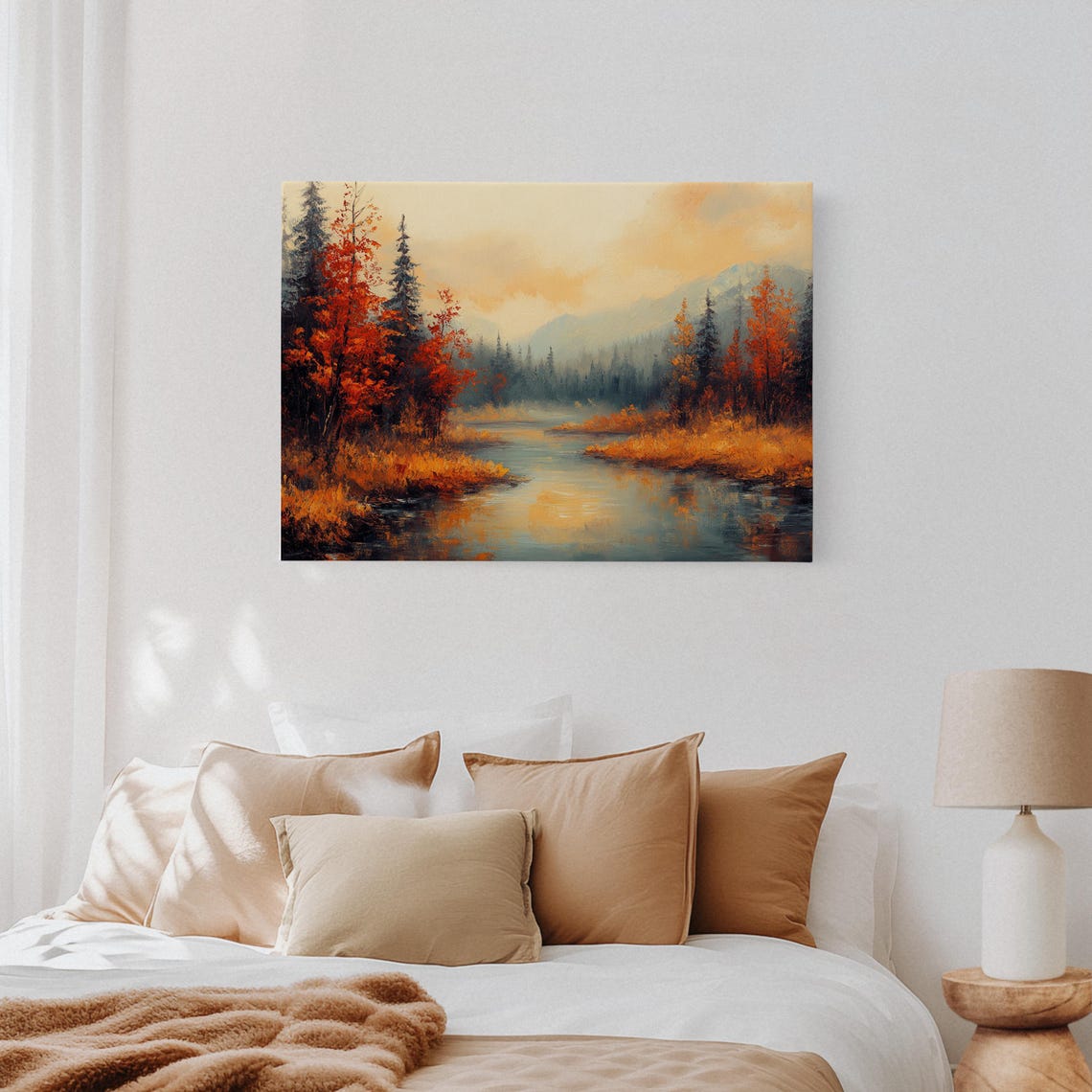 Autumn River Landscape, Moody Nature Painting - Image 4