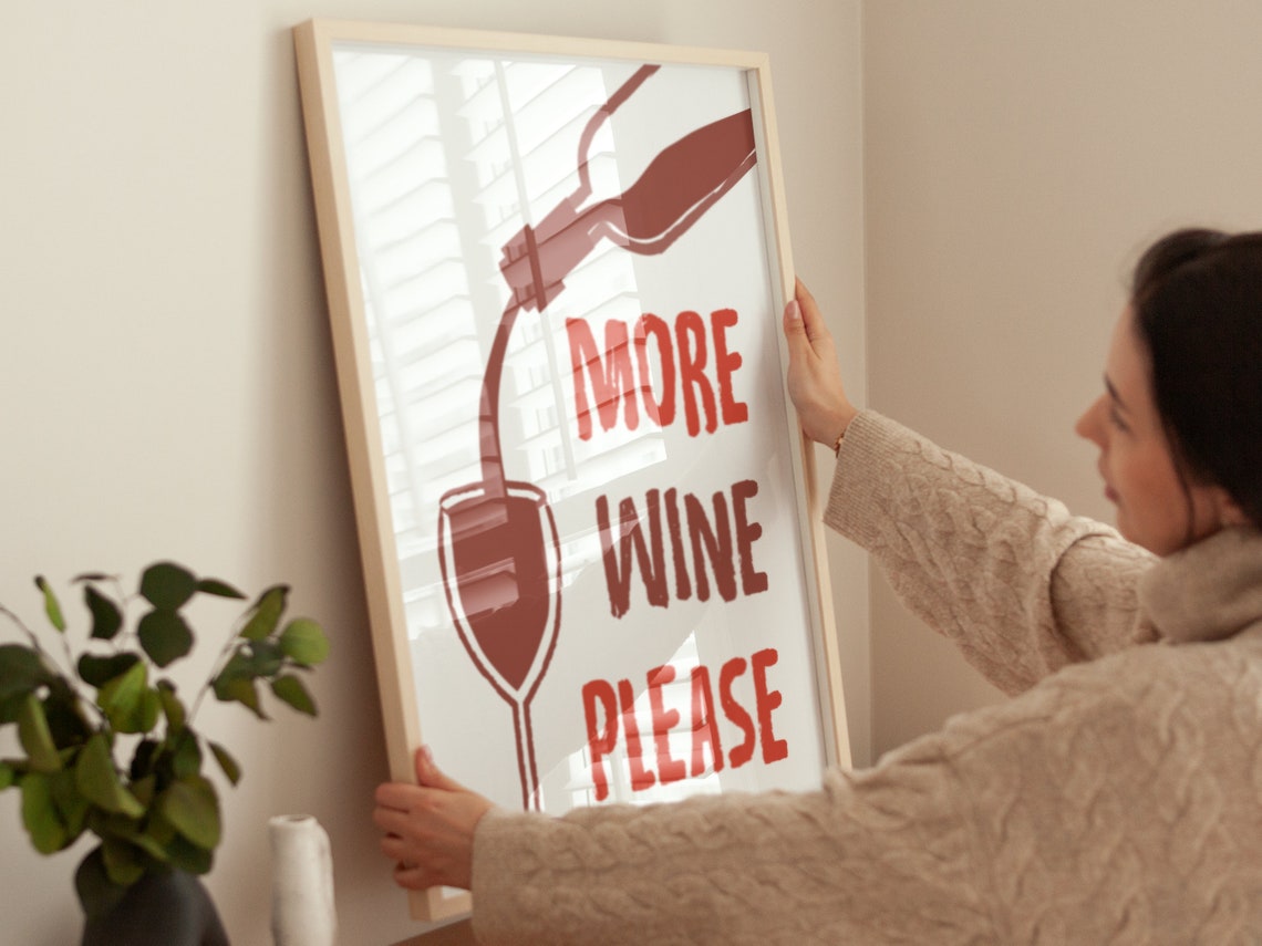 More Wine Please Bold Red Pouring Wine Retro Kitchen Bar Poster - Image 2