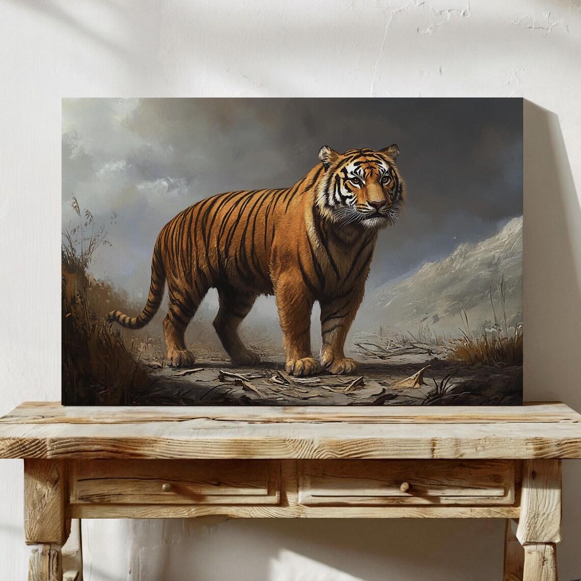 Regal Tiger In The Mountains, Rustic Nature Art Print
