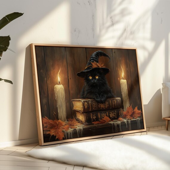 Black Cat Witch Hat Spellbook Candles Dark Wood Gothic Halloween Art