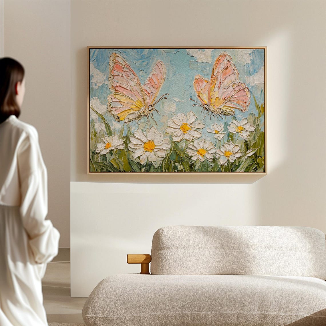 Soft Pink And Yellow Butterflies Hovering Above Vibrant Daisies In A Textured Painting Style With A Bright Blue Backdrop - Image 4
