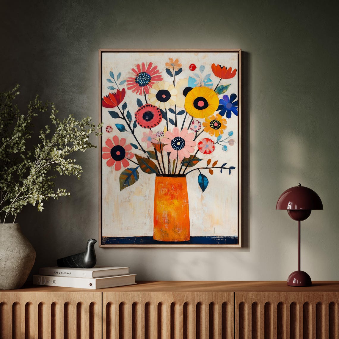 Whimsical Daisy Sunflower Bouquet Orange Vase Folk Art Wall Print - Image 2