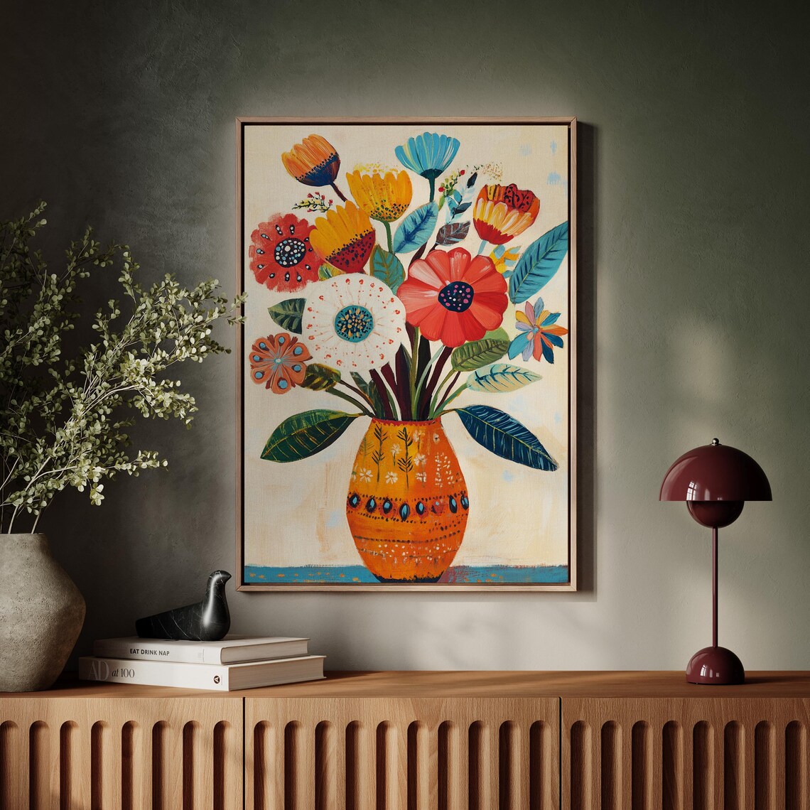 Whimsical Folk Art Flower Bouquet Orange Vase Colorful Wall Art Print - Image 2