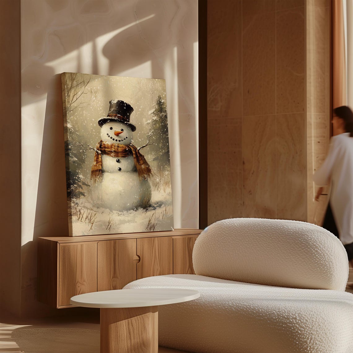 Cute Snowman With Top Hat And Plaid Scarf In Falling Snow Art Poster - Image 3