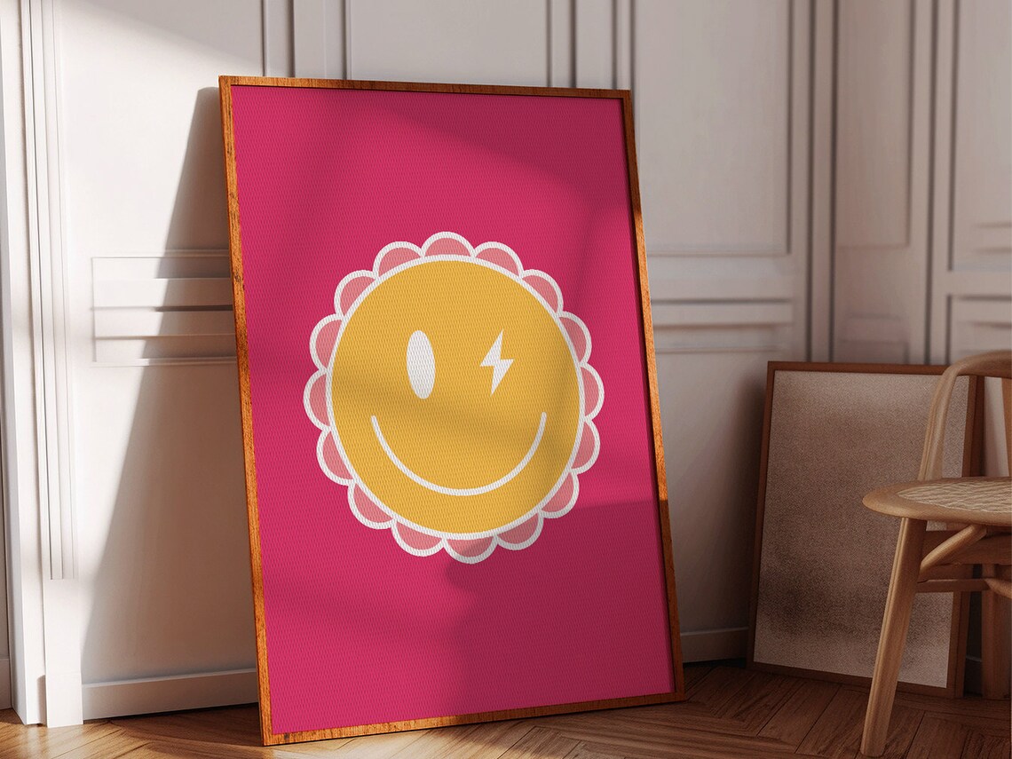 Happy Smiley Face With Lightning Eye Hot Pink Groovy Preppy Poster - Image 2