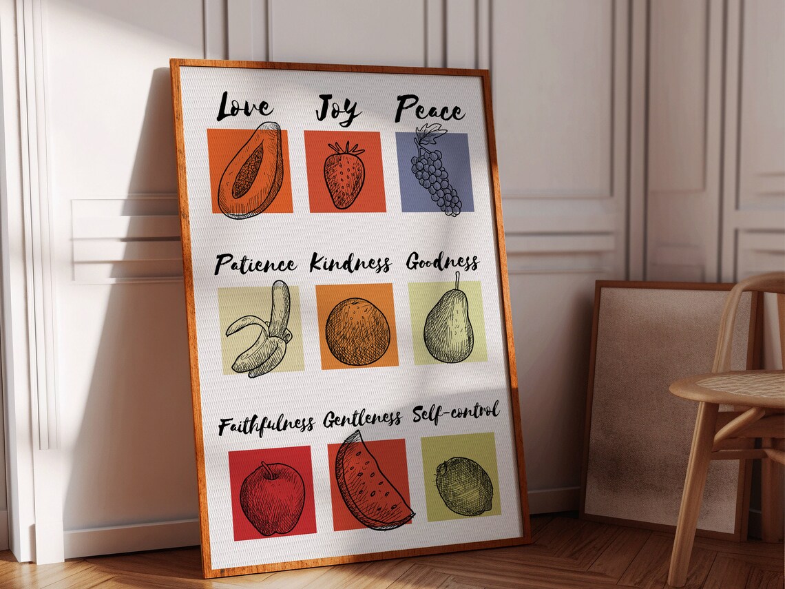 Fruits of the Spirit Grid Nine Fruit Boho Christian Wall Art Poster