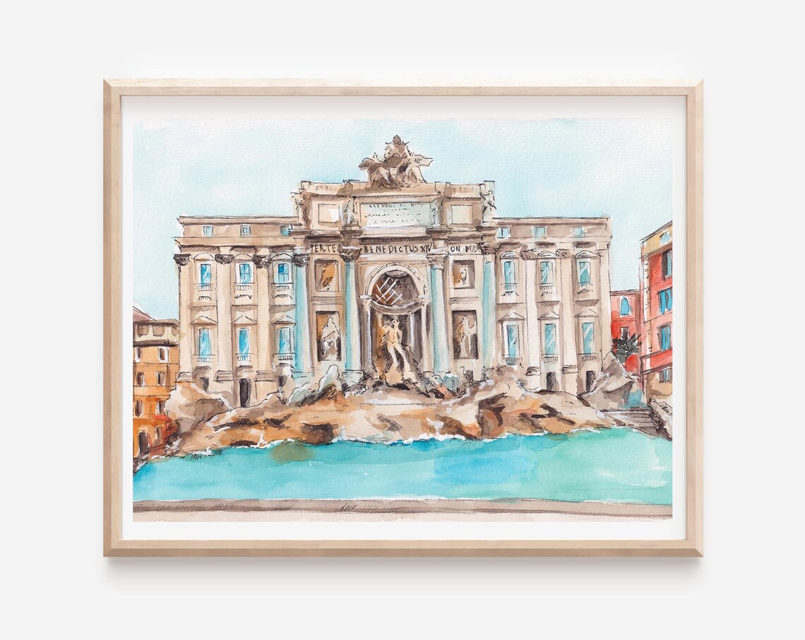 Trevi Fountain Watercolor Travel Poster, Rome