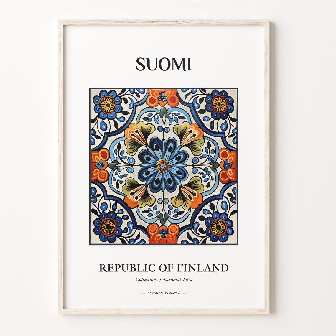 Finland Suomi Floral Folk Tile Art Blue Orange Republic Print