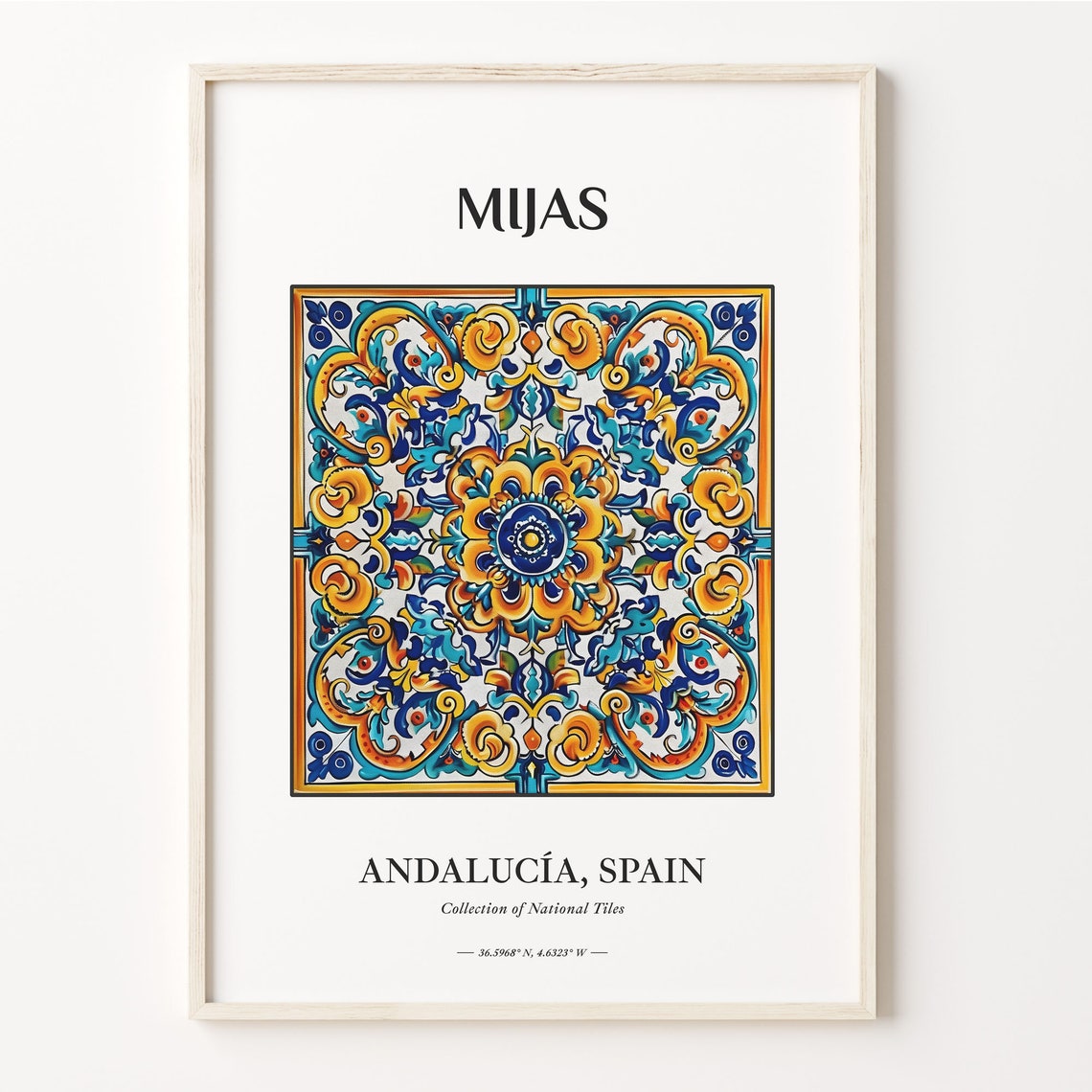 Mijas Spain Andalucia Blue Gold Rosette Tile Art Travel Poster