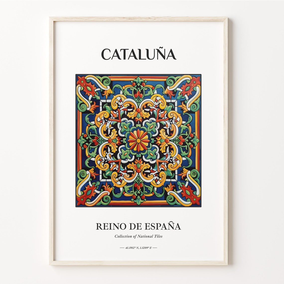 Cataluna Spain Colorful Folk Tile Pattern Aesthetic Home Decor Poster