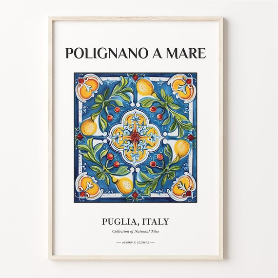 Polignano A Mare Wall Art Colorful Citrus Fruits Print Puglia Italy Tile Pattern Decor Aesthetic Poster C32 263