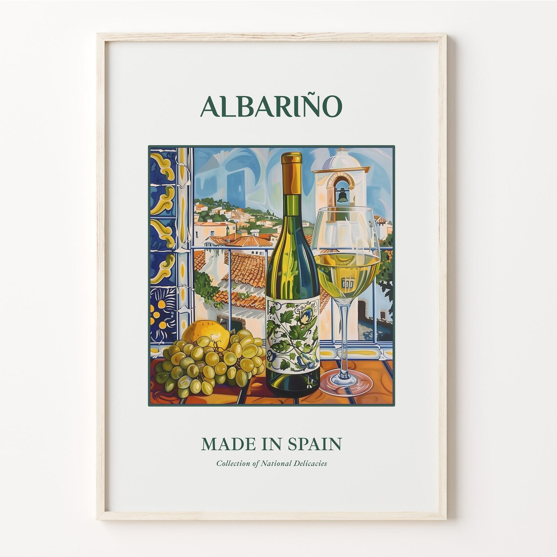 Albariño White Wine Bottle Glass Grapes Spanish Vineyard Print