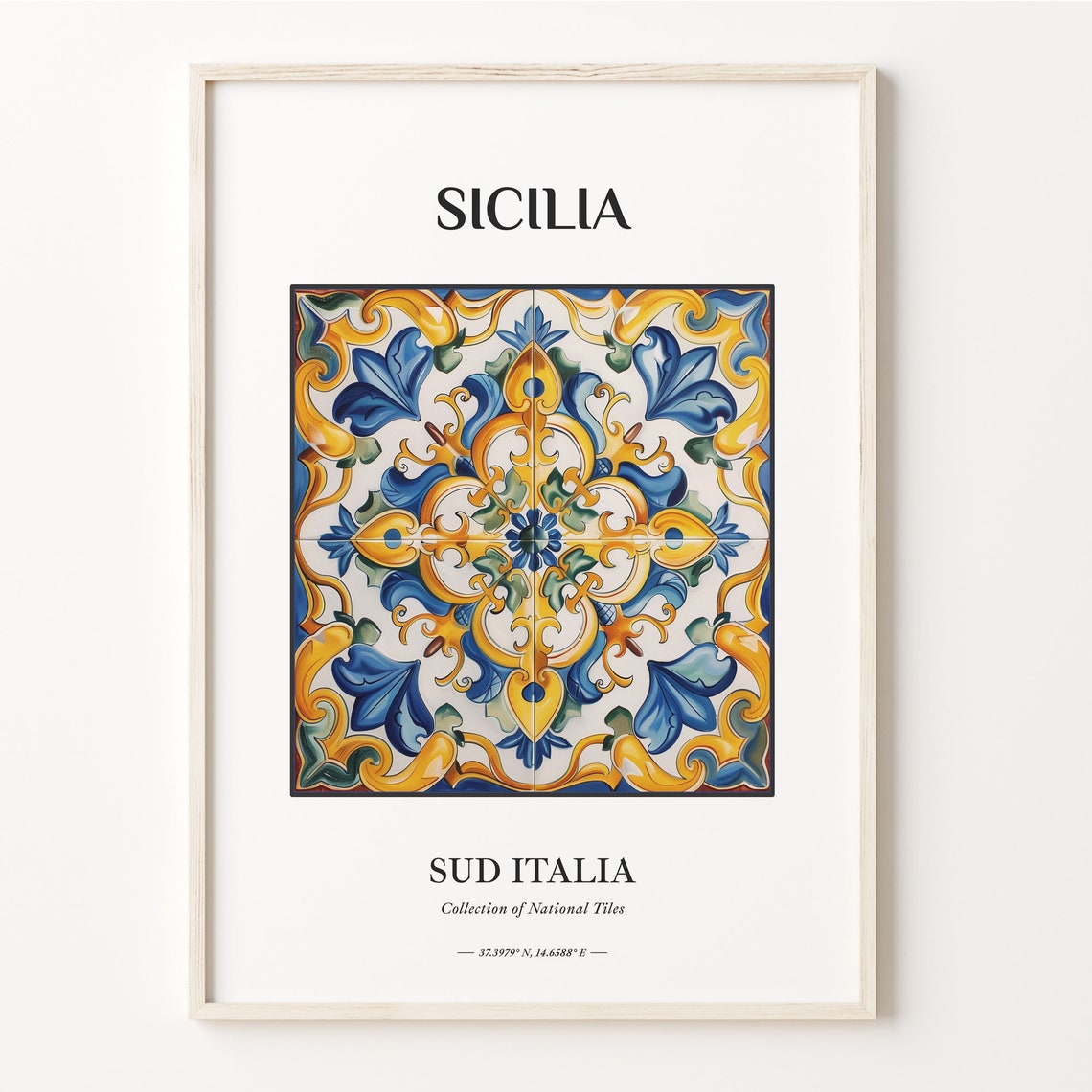 Sicilia South Italy Blue Gold Green Foliate Tile Decor Poster