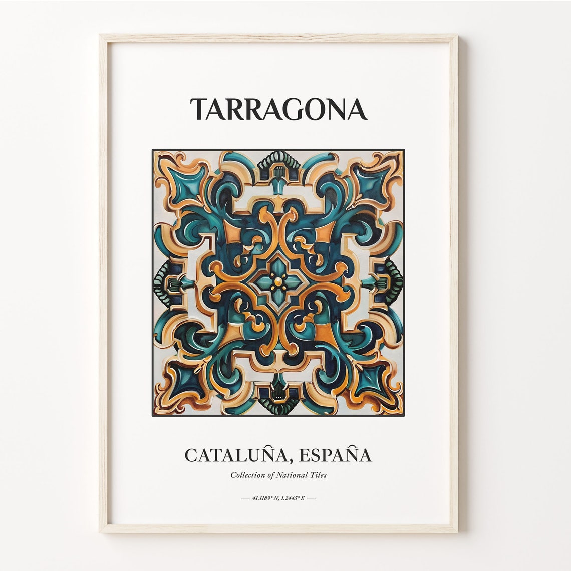 Tarragona Spain Catalonia Teal Gold Tile Art Travel Poster Decor