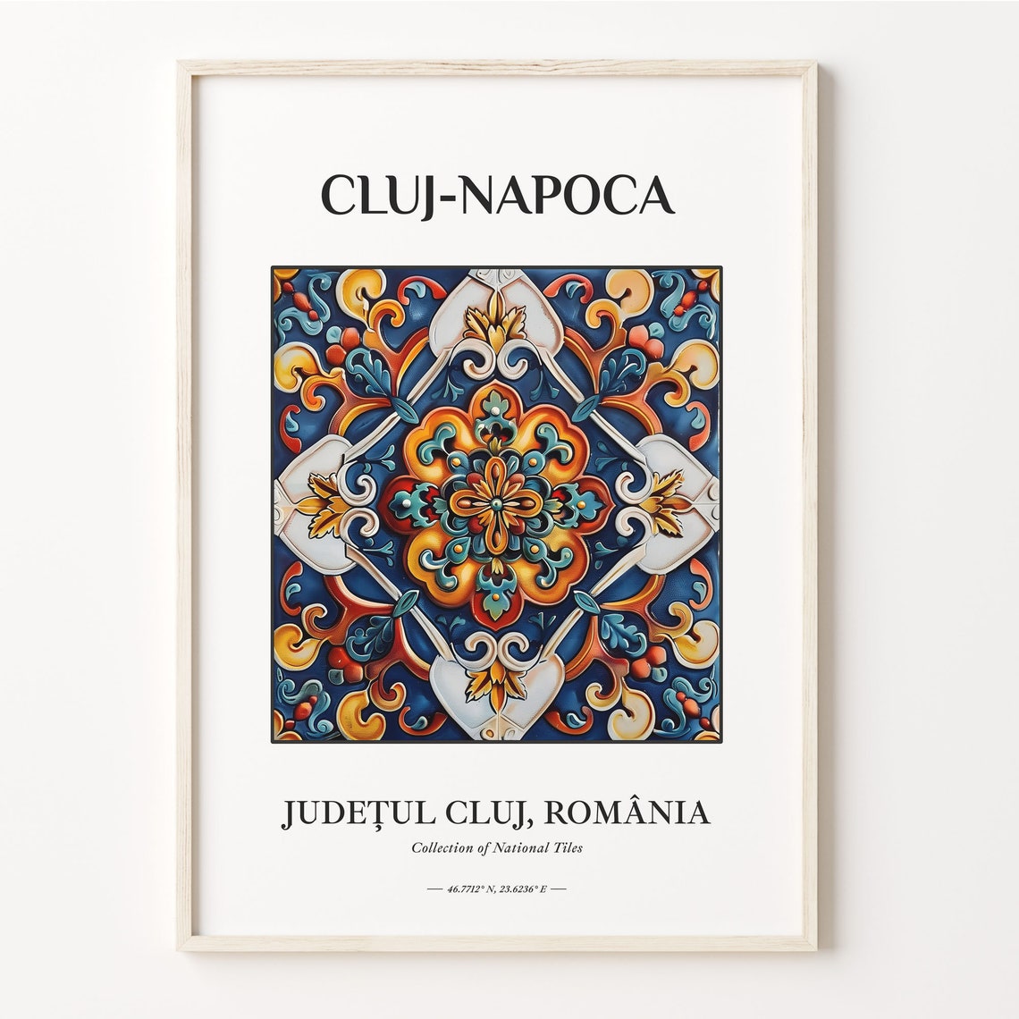 Cluj Napoca Romania Bold Orange Blue Folk Tile Rosette Poster