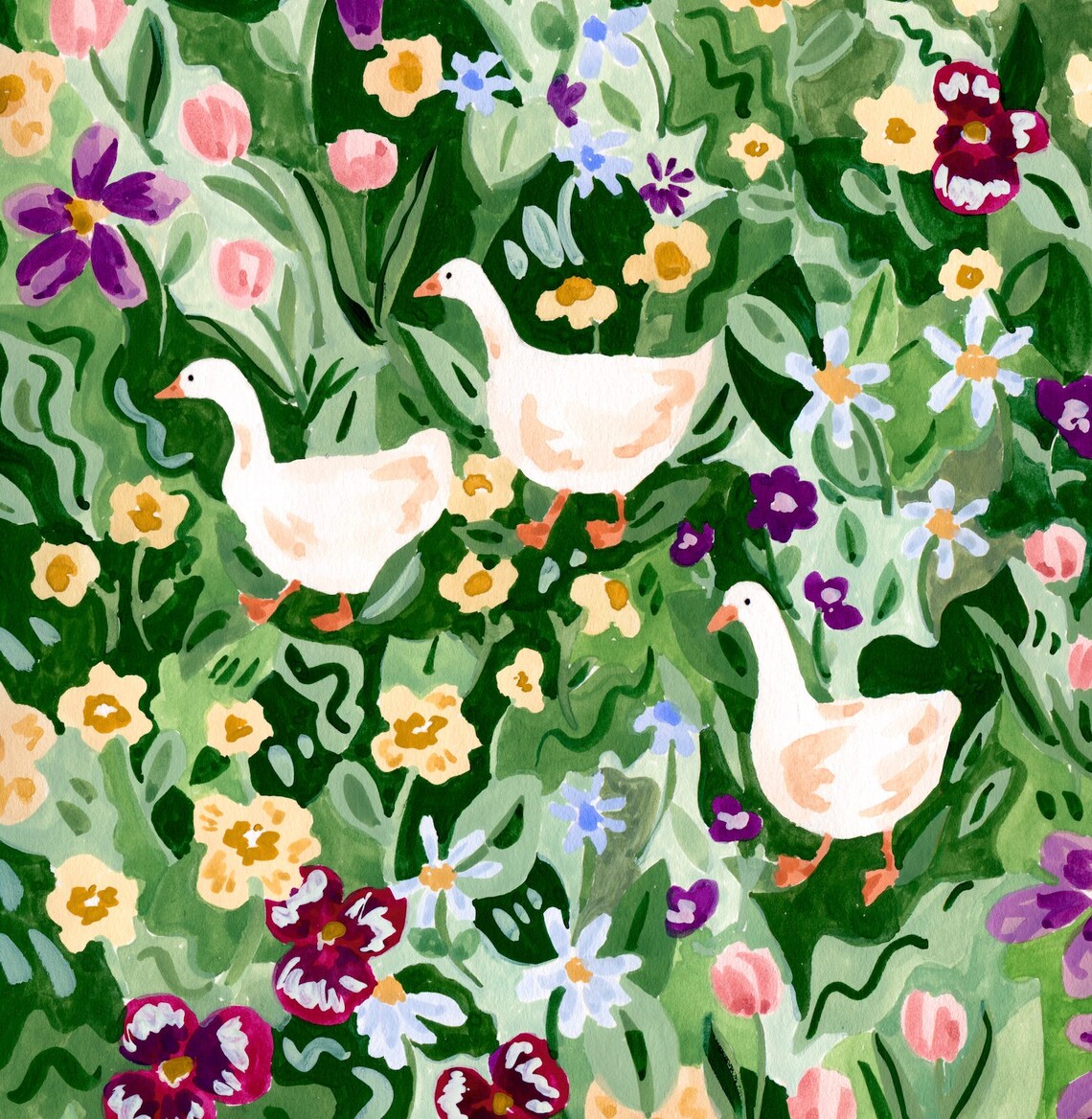 Ducks and Wildflowers Floral Art Print, Cottage Core