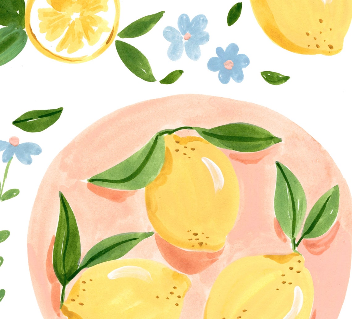 Yellow Lemons Blue Flowers Watercolor Fruit Botanical Kitchen Wall Art