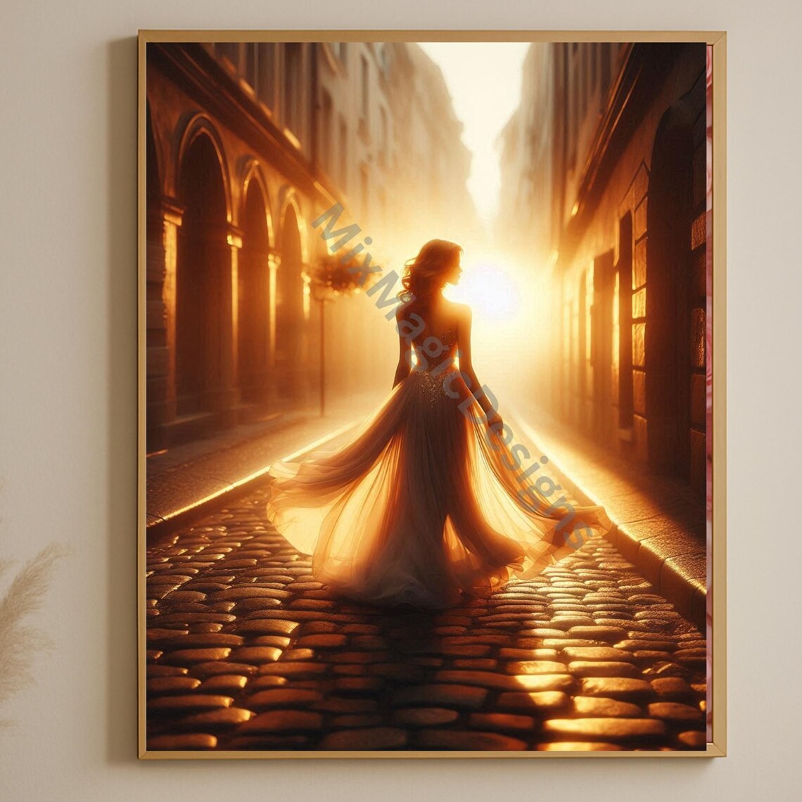 Woman In Flowing Golden Dress Sunset Alley Backlit Poster Art