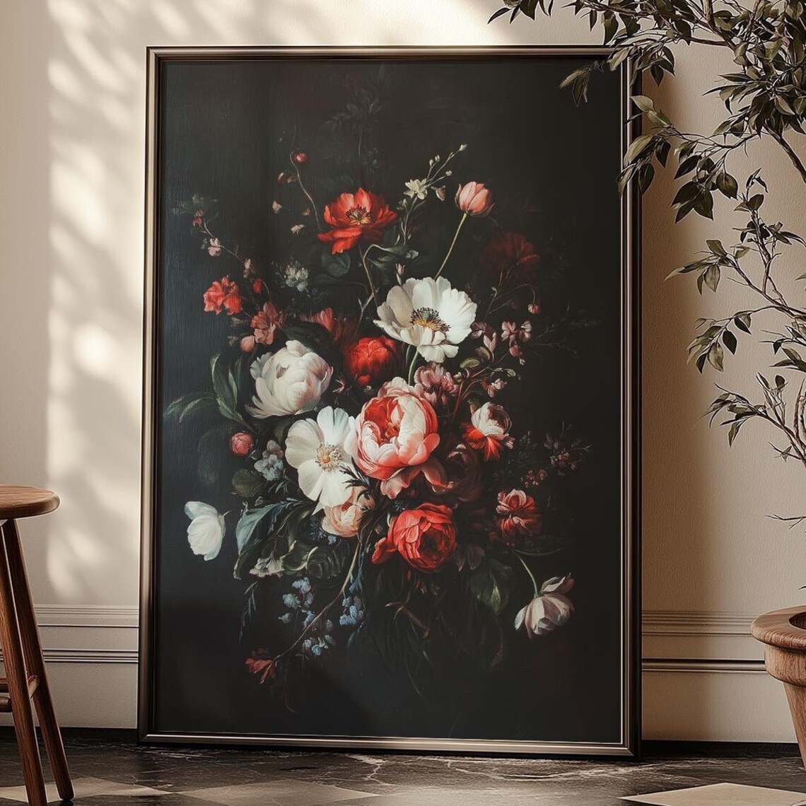 Dark Moody Peonies Bouquet Floral Still Life Oil Painting Poster - Image 4