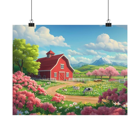 Red Barn Spring Farm Cows Blossom Mountain Countryside Poster