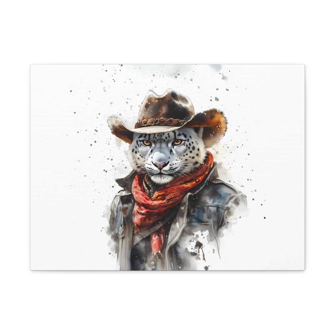 Wild Snow Leopard Cowboy Watercolor Close Up Portrait Western Cat Poster - Image 3