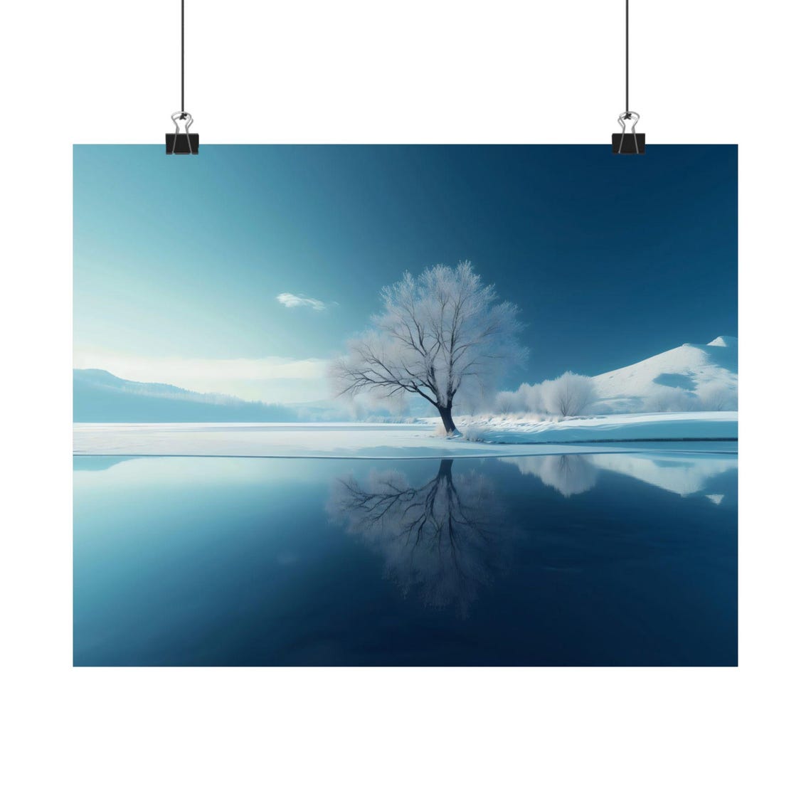 Still Blue Winter Lake Mirror Reflection Of Frosted Tree Poster