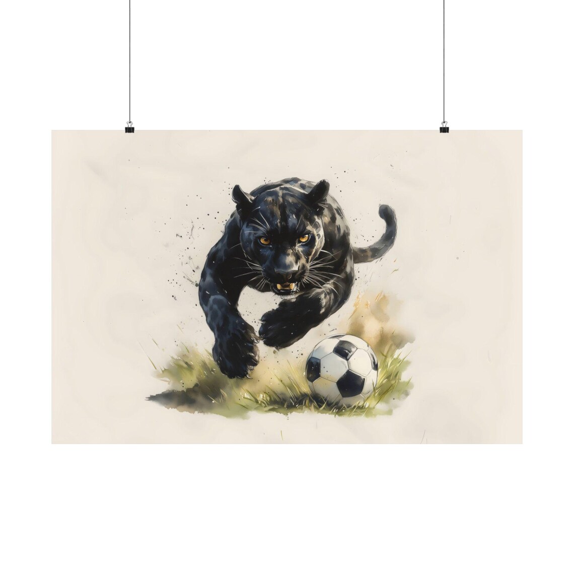 Black Panther Playing Soccer Fierce Watercolor Big Cat Poster - Image 3