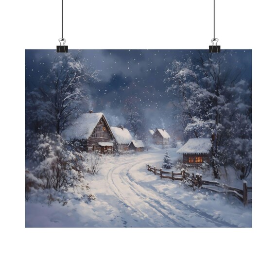 Night Snowfall Over Snowy Village Road And Warm Lit Cabins Wall Art