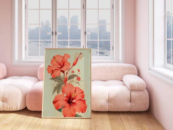 Hibiscus Flower Hawaiian Art Print Decor Wall Art Retro Art Print Preppy Room Decor Pink Hibiscus Flower Hawaiian Poster