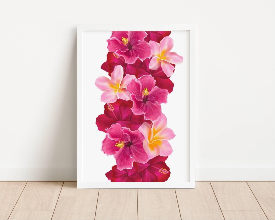 Hibiscus Plumeria Flower Garland Tropical Pink Floral Art Print Poster - Image 2
