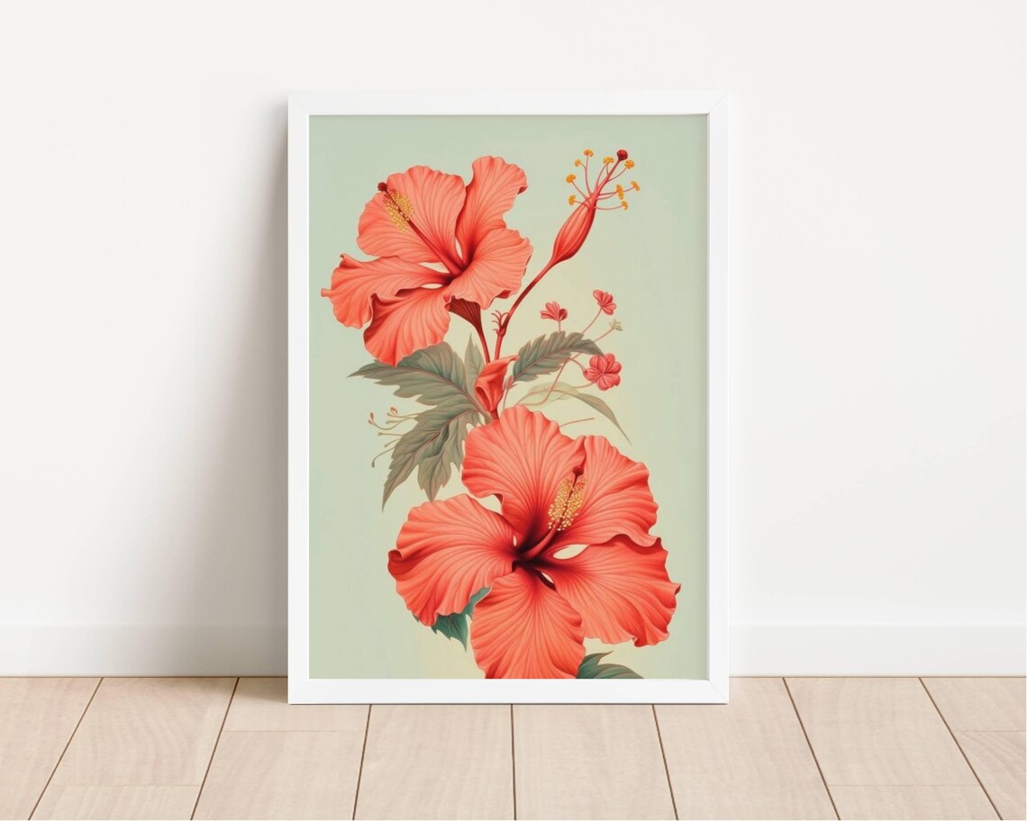 Red Hibiscus Vintage Botanical Illustration Sage Green Floral Poster - Image 2