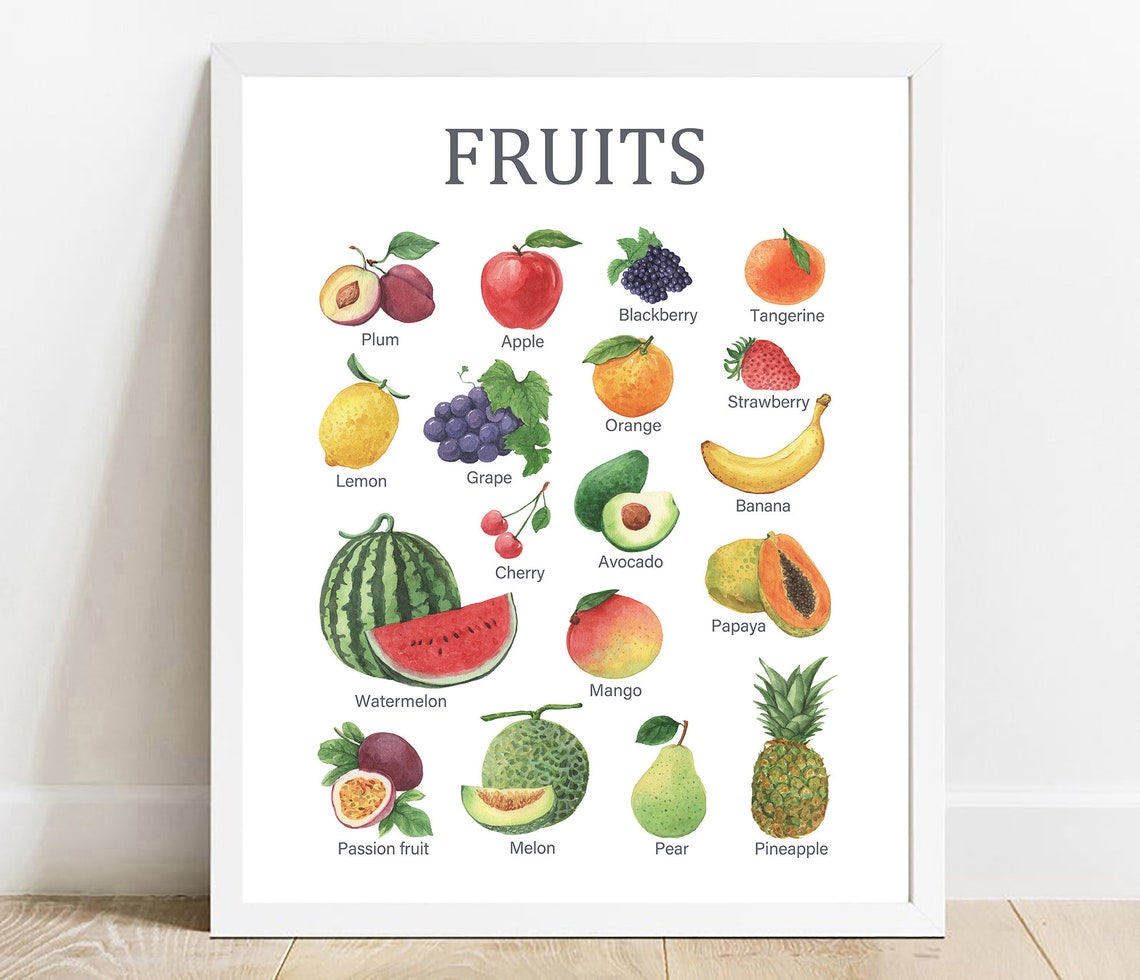 Fruits Watercolor Educational Chart Poster for Kids Kitchen Learning