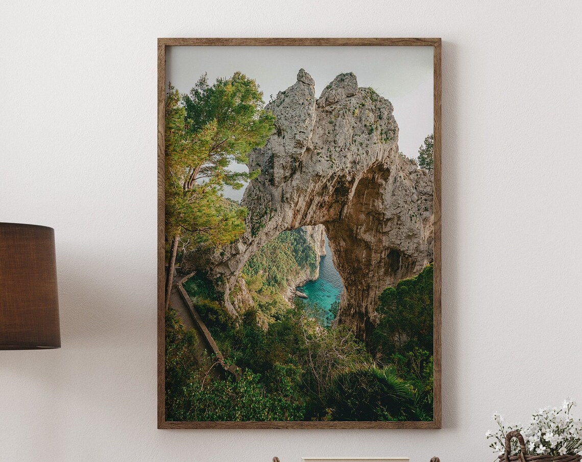 Capri Italy Natural Rock Arch Turquoise Coastal Photo Poster