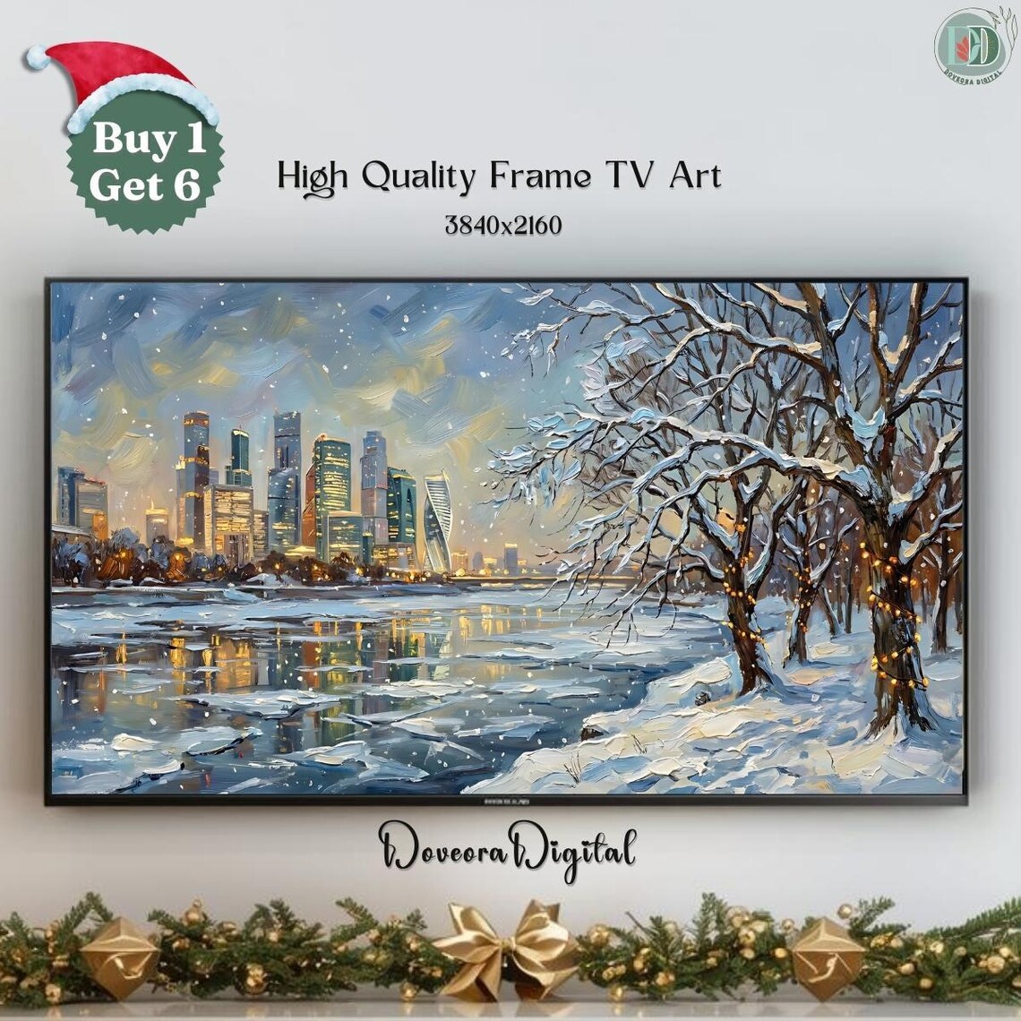 Winter City Skyline across Frozen River at Dusk Samsung Frame TV Art Print