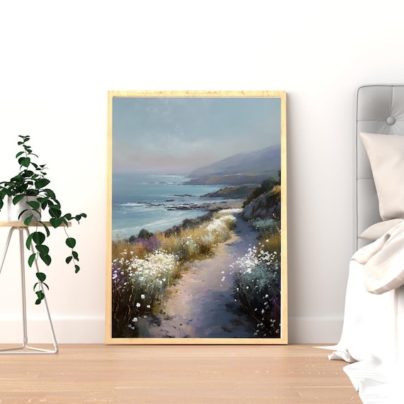 Coastal Wildflower Path Ocean Cliffs Impressionist Landscape Poster