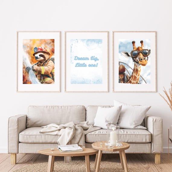 Nursery Wall Art Set Of 3 Giraffe Pilot Sloth Firefighter 12x16