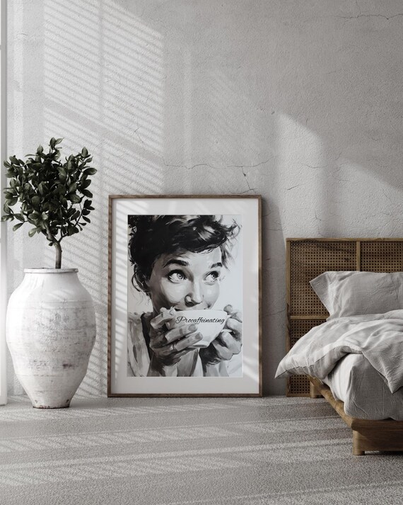 Audrey Hepburn Procaffeinating Coffee Portrait Black White Poster