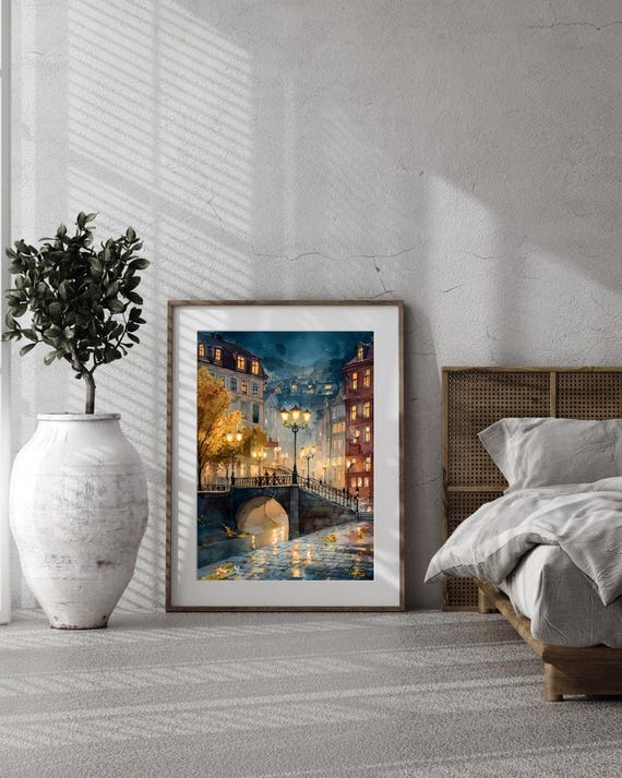 Rainy Autumn Cityscape Watercolor Print Moody City Lights