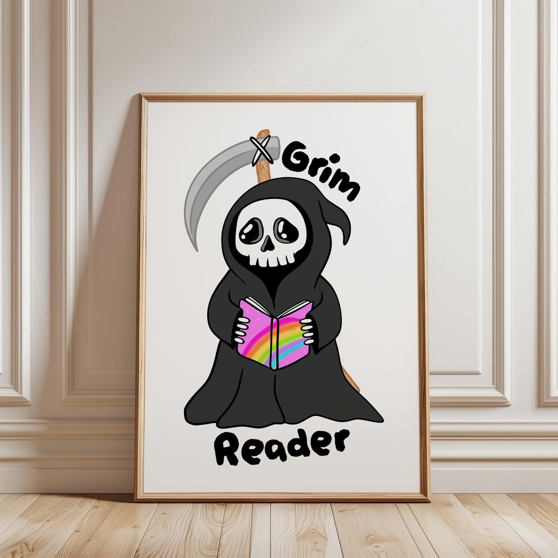 Grim Reader Cute Reaper With Rainbow Book Halloween Wall Poster - Image 4