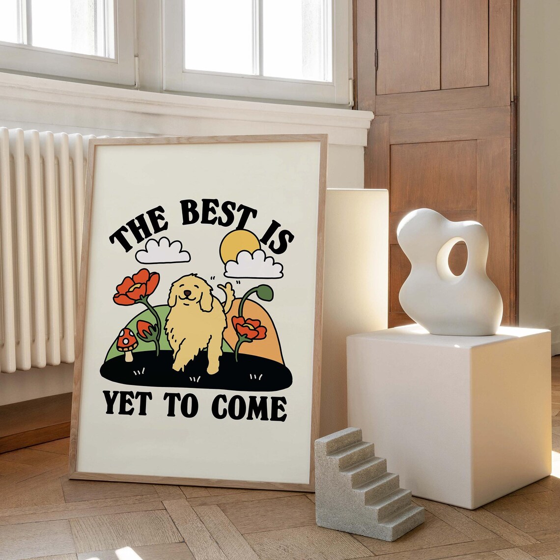 The Best Is Yet to Come Retro Golden Dog Floral Quote Poster - Image 3
