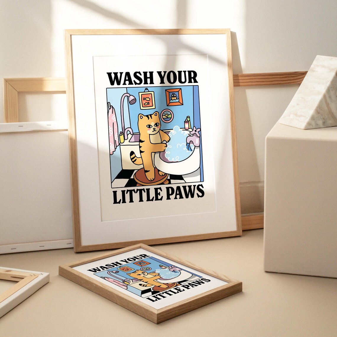 Wash Your Paws Orange Cat Poster, Retro Bathroom Decor - Image 3