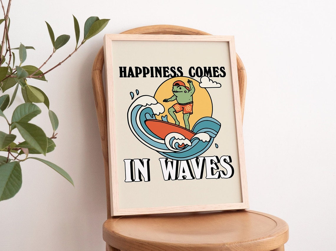 Happiness Comes In Waves Surfing Frog Retro Beach Wave Quote Poster - Image 3