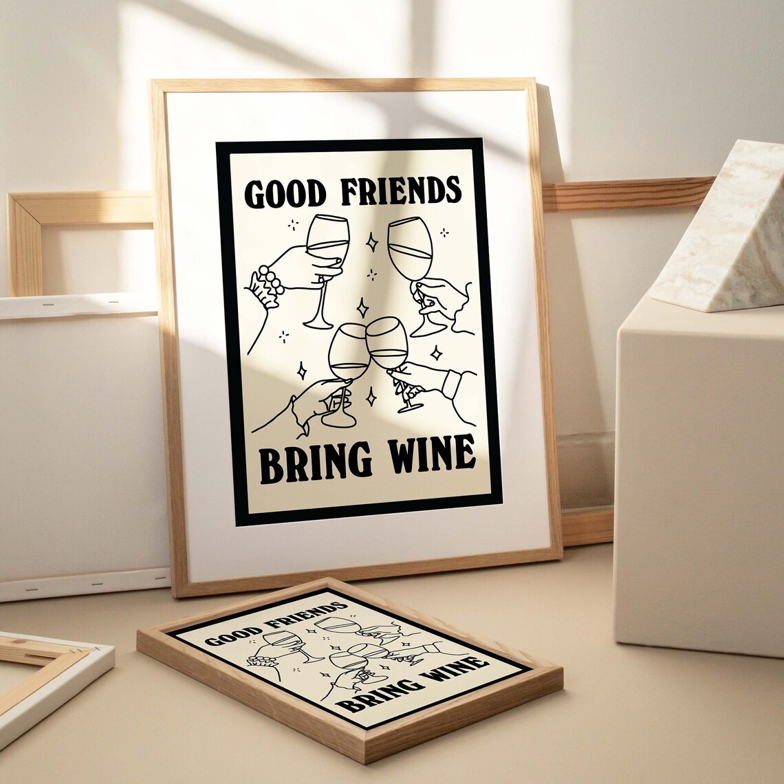 Good Friends Bring Wine Poster Minimalist Kitchen Bar Decor Wine Lover Print - Image 3