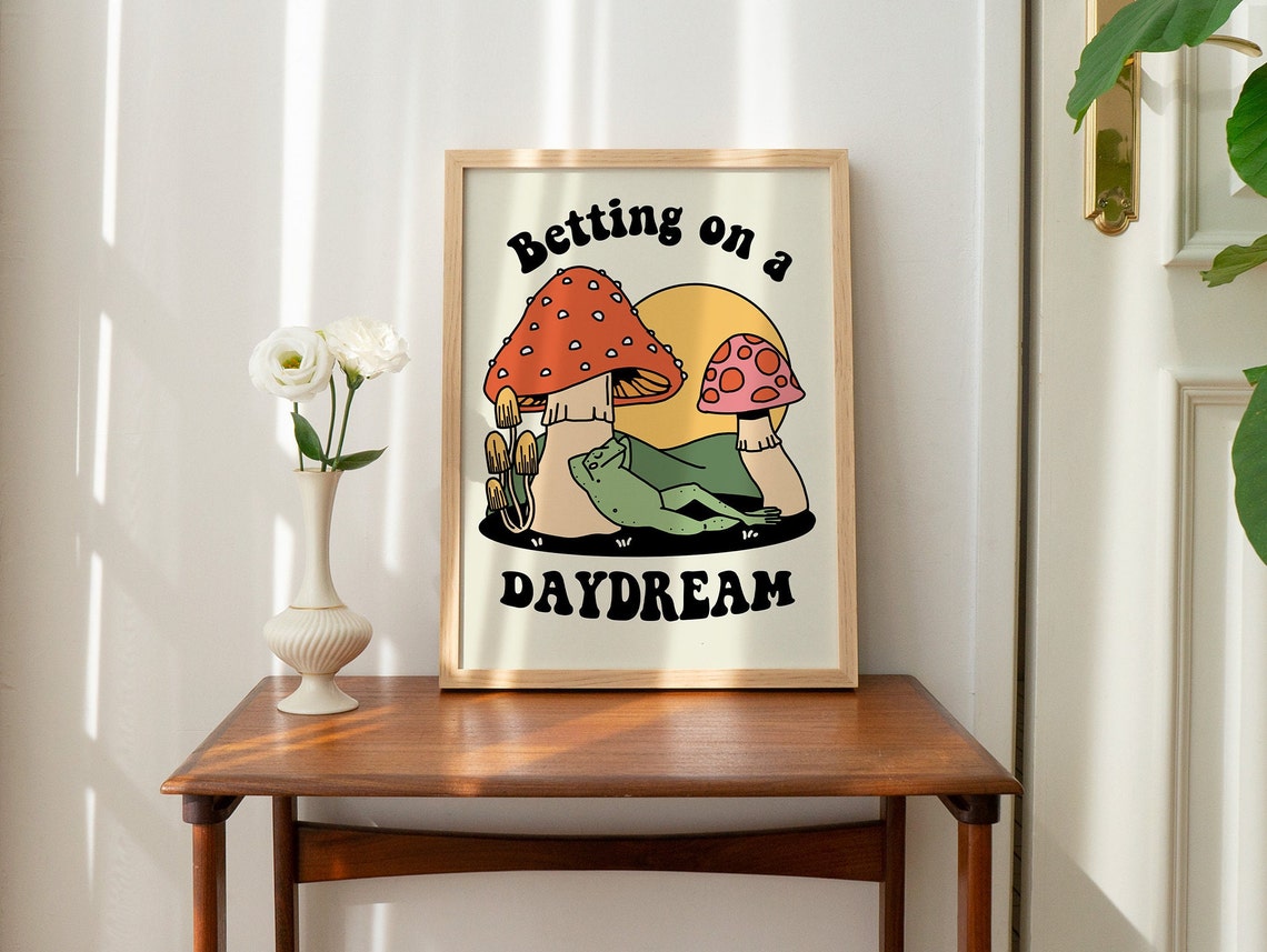 Betting on a Daydream Sleepy Frog Mushroom Retro Dorm Room Poster - Image 2