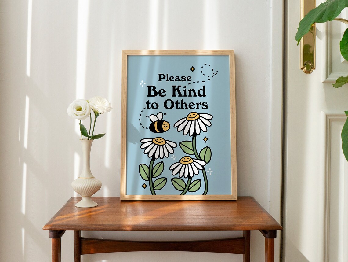 Cute Flowers Poster Print, Vintage Blue Bee Illustration - Image 2