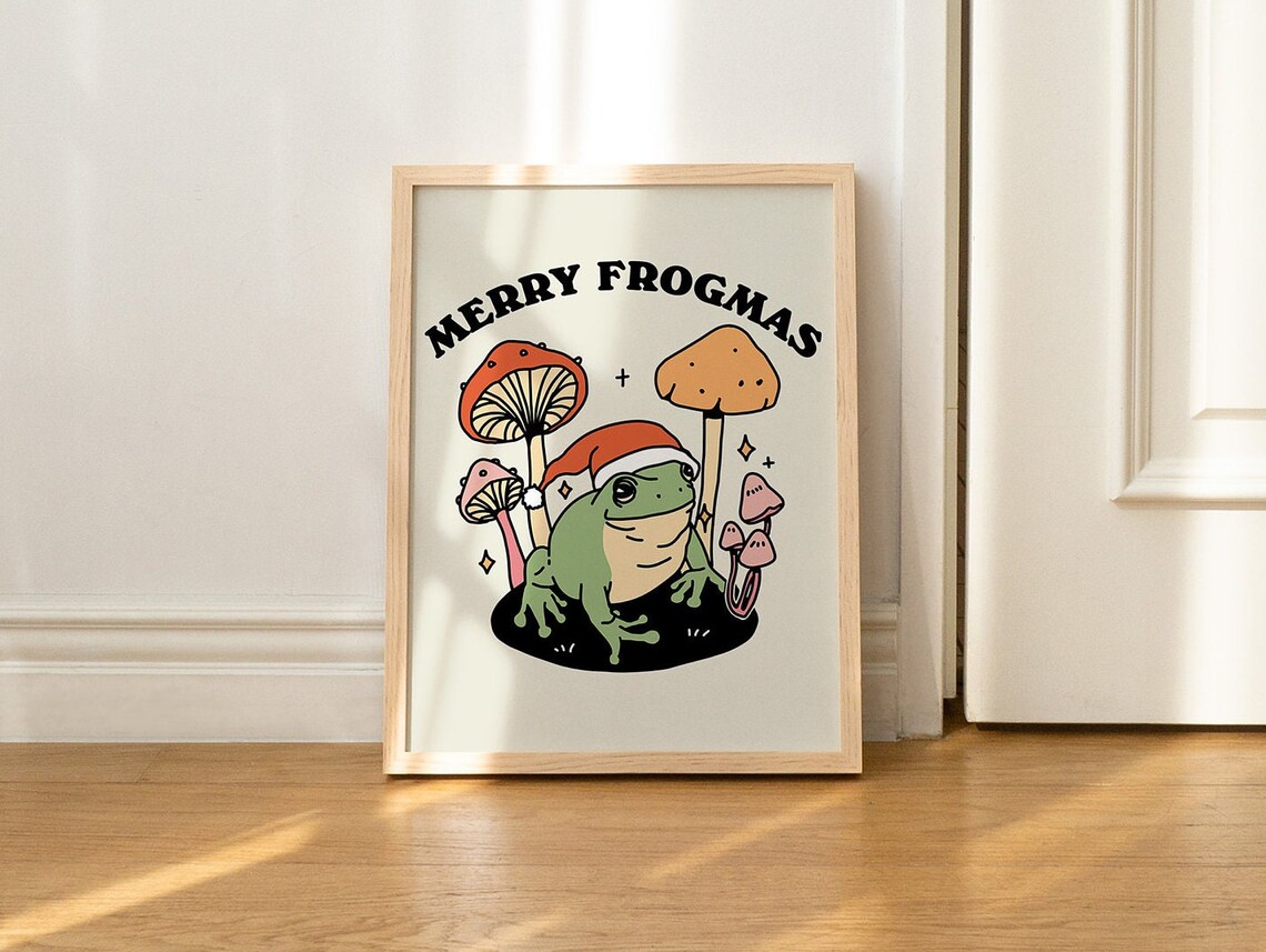 Merry Frogmas Christmas Frog Santa Hat Mushroom Vintage Poster - Image 2