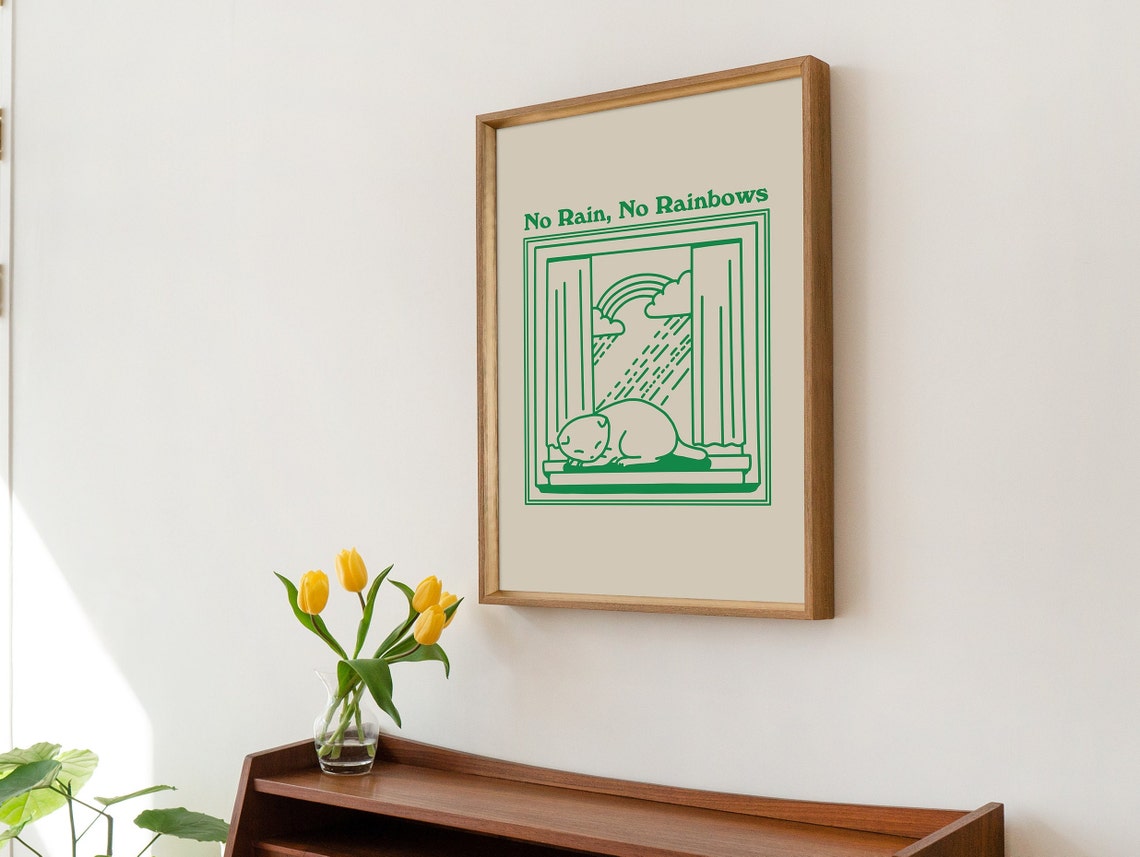 No Rain No Rainbows Minimalist Green Line Cat Window Quote Poster - Image 2