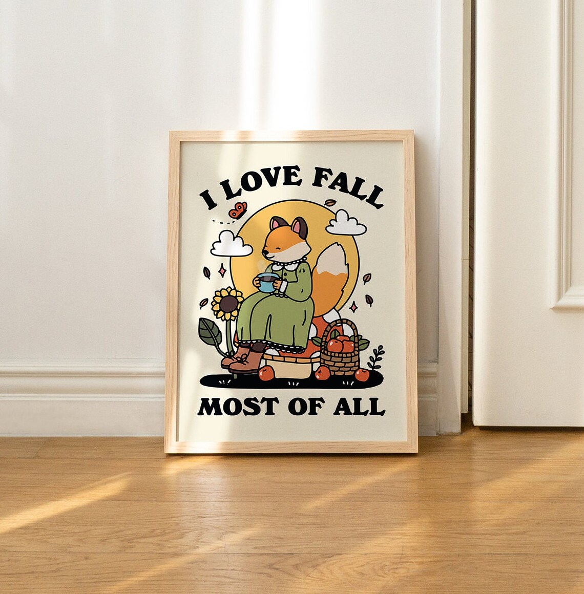 I Love Fall Most of All Cozy Fox Autumn Tea Cottagecore Poster - Image 2